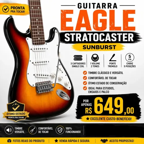 Guitarra Eagle Stratocaster Sunburst ? Linda + Regulada + Pronta pra Tocar | Oportunidade