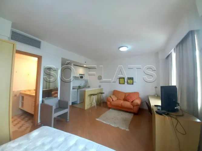 Flat em Alphaville disponível para locação com 28m², 1 dormitório e 1 vaga de garagem.
