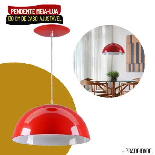 Pendente Lustre Meia Lua 34cm em Alumínio com Cabo Ajustável de 130cm - SCS48