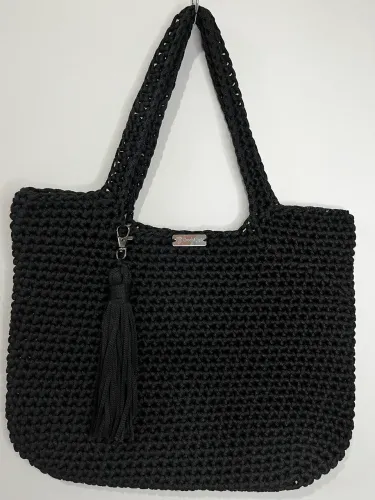 Bolsa de Crochê Preta Grande Fio Náutico Artesanal