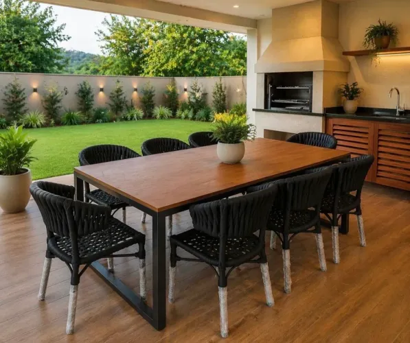Mesa de jantar em madeira com 8 cadeiras modernas com trico de enchimento e corda nautica