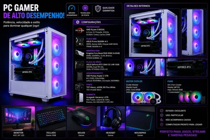 PC Gamer Completo Ryzen 5 8500G RTX 3060 12GB 32GB DDR5 SSD 2TB