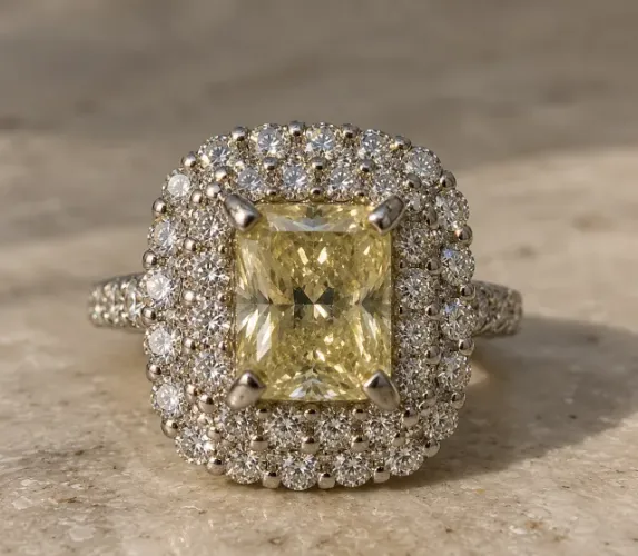 Anel Diamante Amarelo Natural GIA 0,73ct Fancy Intense Yellow VS2 + Halo