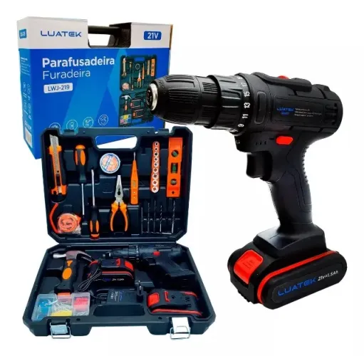Parafusadeira Furadeira Marca Luatek 21v C/ Ferramentas 2 Baterias Cor Preto 110v/220v 