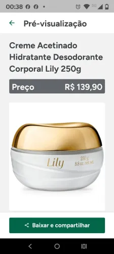 Creme Acetinado Hidratante Desodorante Corporal Lily 250g