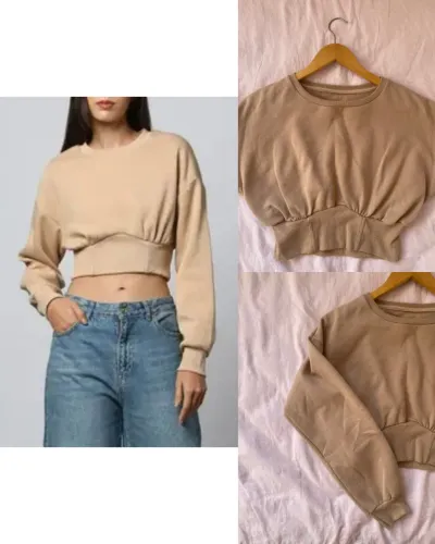 Moletom Blusa Cropped Feminina Manga Longa Bege Escuro (pp)
