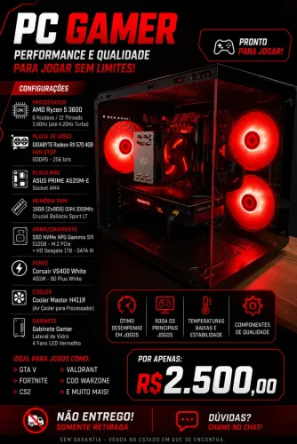 ? PC Gamer Ryzen 5 3600 + RX 570 4GB Gigabyte | Pronto para jogar! ?