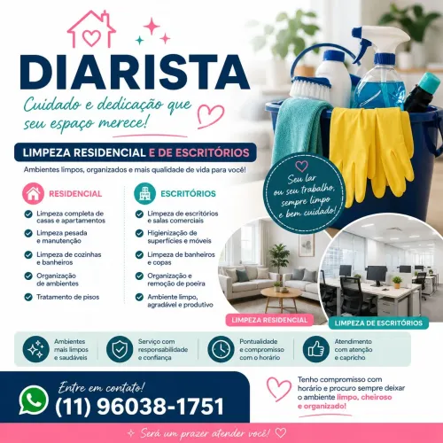 DIARISTA - LIMPEZA RESIDENCIAL E DE ESCRITÓRIOS