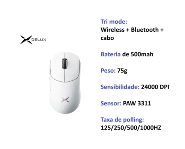 Mouse sem fio Delux M400, 24000 DPI, 1 KHz, PAW3311, mouse recarregável, tri mode