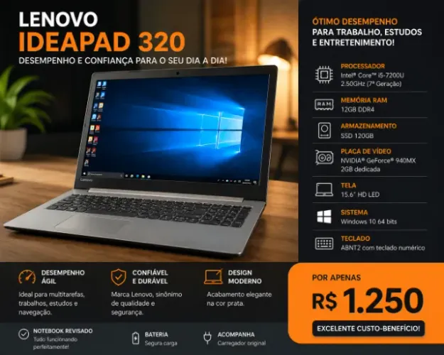 Notebook Lenovo IdeaPad 320 i5 | 12GB RAM | SSD 120GB | GeForce 940MX 2GB