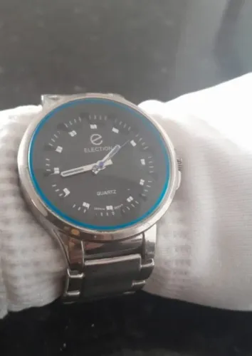 Relógio Vintage Election Aço Inox Mostrador Preto E Azul Quartz