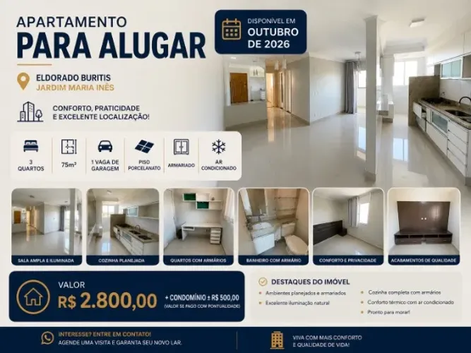 Apartamento 3 Quartos | 75m² | Armários + Ar Condicionado | Eldorado Buritis | R$ 2.800