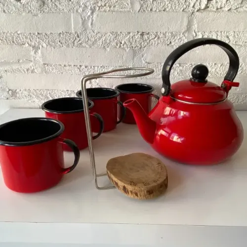 Ref208 Conjunto de Chá café coador Esmaltado Vermelho vintage retrô cozinha decoração 