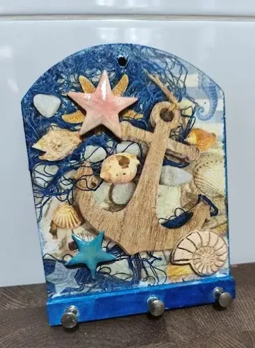 Porta Chaves em MDF Decoupagem em 3D tema: Mar, Conchas Estrela do Mar Ancora