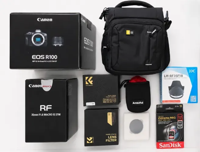 Canon EOS R100 + RF-S 18-45mm + RF 35mm f/1.8 Macro c/ Garantia + Acessórios