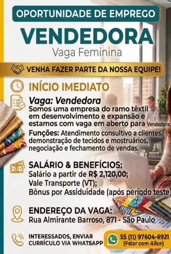 VENDEDORA - VAGA FEMININA - 20-30 ANOS
