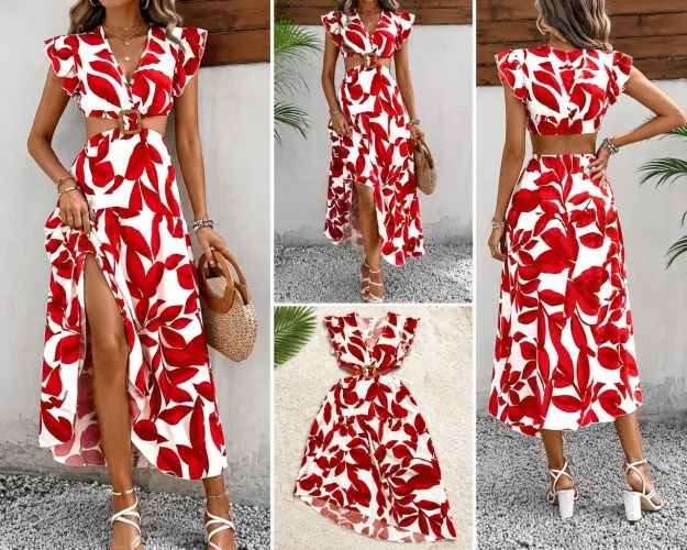 Vestido Midi Estampado com Manga Borboleta e Anel Central | Tamanho P