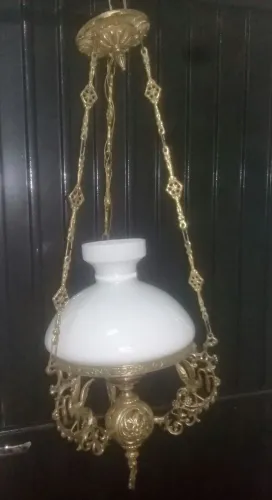 Lustre de Bronze e Vidro Antigo Tipo Pendente Três Correntes de Bronze Reliquia Retro