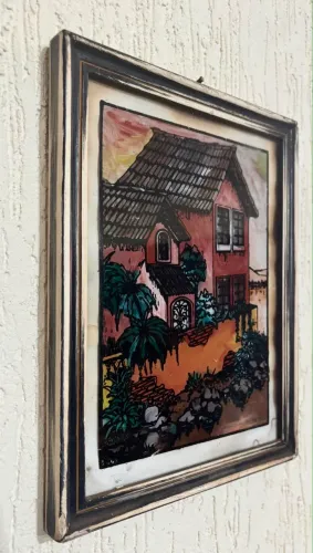 Quadro Antigo Pintura Em Vidro Paisagem Rústica Anos 70/80