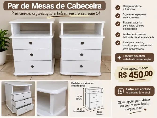 Kit com 2 criados mudos branco + nicho+ 3 gavetas cada