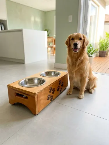 Lindo comedor uru de madeira elevado para cães de porte médio com dois potes inox