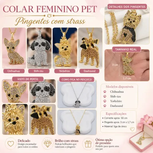 Colar Feminino Pet com Strass - Chihuahua / Shih-tzu / Yorkshire / Dashound / Pug