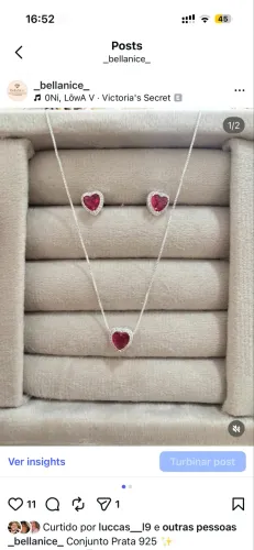 Conjunto coração vermelho prata 925