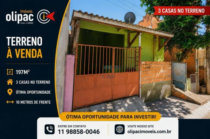 TERRENO A VENDA COM 3 CASAS - ÁREA TOTAL DE 197m² - ÓTIMA OPORTUNIDADE DE INVESTIMENTO