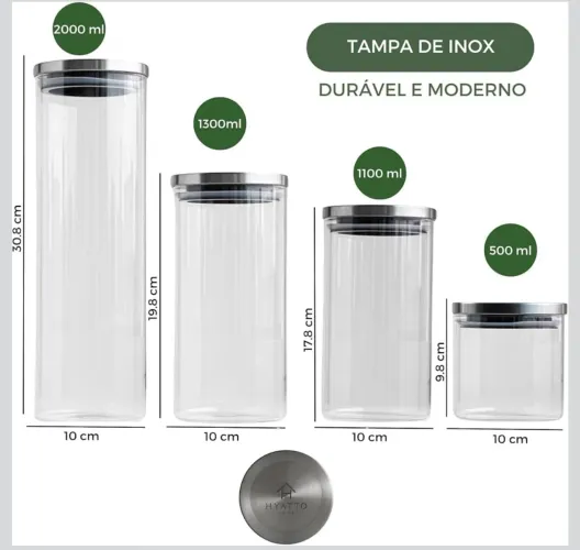 Kit com 4 Potes de Vidro herméticos NOVO
