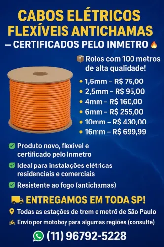 Cabos elétricos rolos 100mts flexível antichama certificado pelo Inmetro 