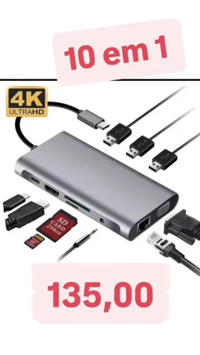 Adaptador Hub USB tipo c com entrada 10 em 1 por 135,00