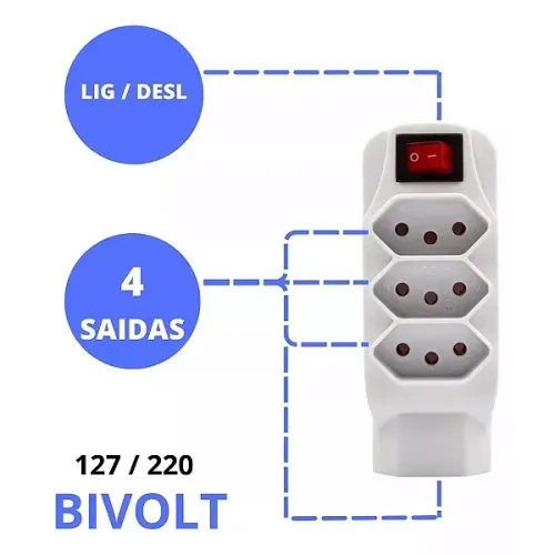Filtro de Linha Plug Adaptador de Tomada Tripolar 4 Saídas 10A Bivolt - Kapbom