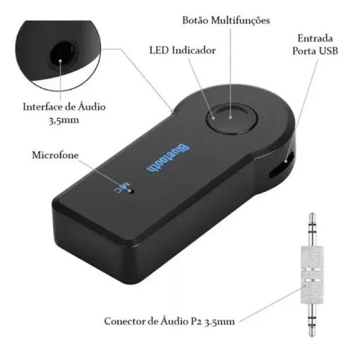 Receptor De Áudio Bluetooth P2 Automotivo Carro Música