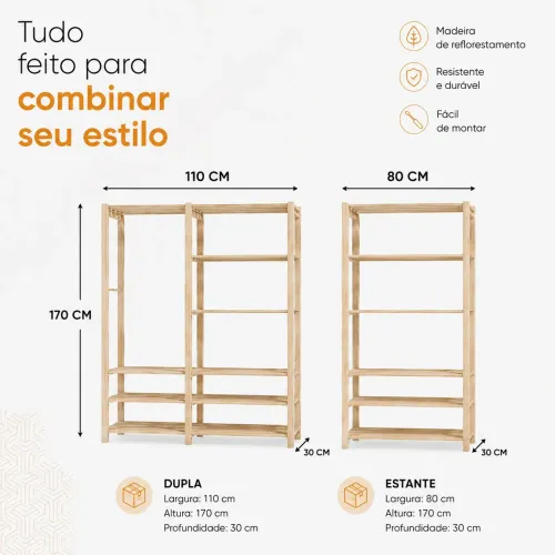 Conjunto de prateleiras cabideiro sapateira armário móveis pinus ripas guarda roupa 