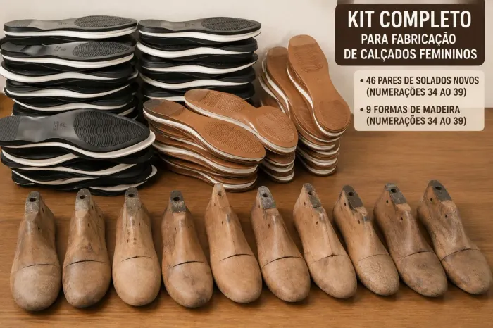KIT PARA FABRICAÇÃO DE SAPATILHAS: 46 SOLADOS + 09 FORMAS DE MADEIRA + BRINDES