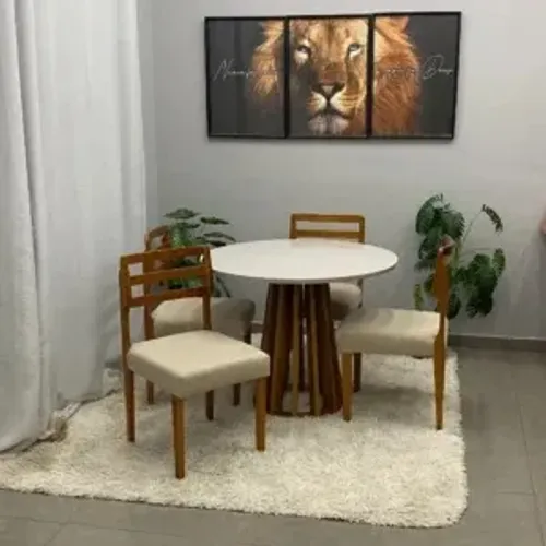 Mesa de Jantar Berlim 100cm Redonda com Vidro e 4 Cadeiras Turquia em Linho Madeira