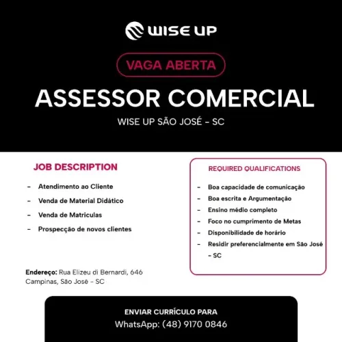 Vaga de Assessor Comercial com plano de carreira