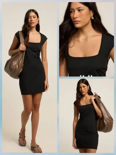 Vestido em Microfibra, decote quadrado, novo