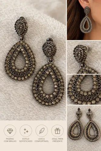 Brinco Feminino Gota com Strass - Grafite