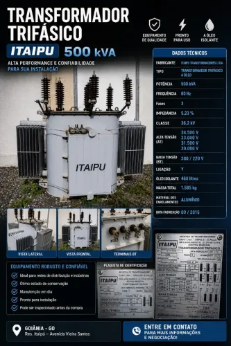 TRANSFORMADOR TRIFÁSICO ITAIPU - 500 kVA À VENDA