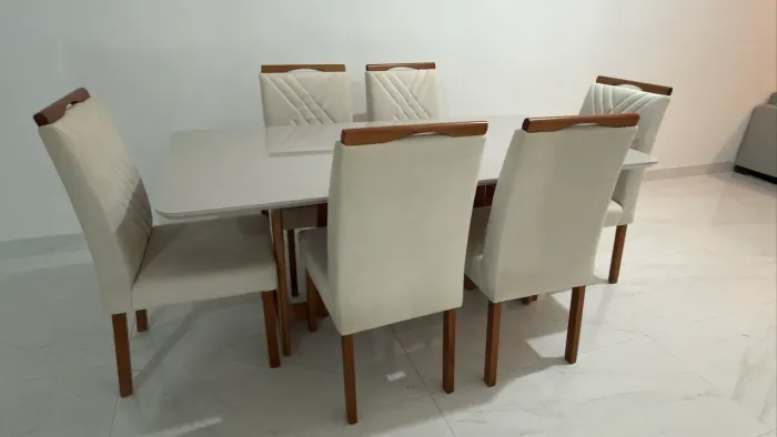 Mesa de Jantar 180x90 Off White com 6 Cadeiras | Excelente Estado