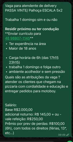 Vaga para atendente de Delivery