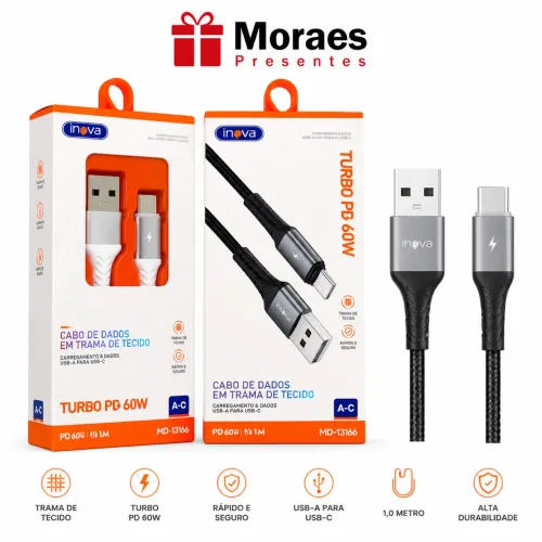 Cabo USB-A para USB-C PD 60W, 1 metro, trama de tecido, cores preto ou branco