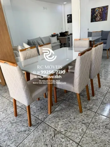 Mesa de jantar 1,70x0,90 Tampo Vidro Laqueado + 6 Cadeiras Madeira maciça