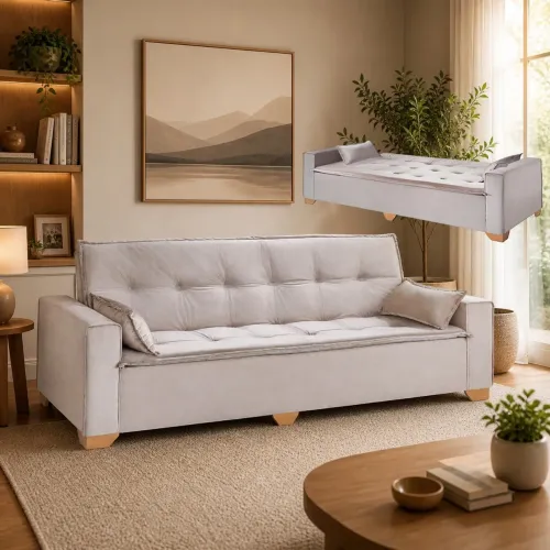 Sofá Cama Canadá 2,18 m Veludo Bege 194 - TOP ESTOFADOS/ pronta entrega