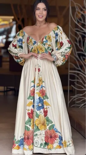 Vestido FARM Novo longo bege estampado manga
