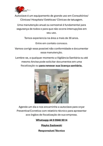 Autoclaves Manutenção corretiva e manutenção preventiva com emissão de relatórios técnicos