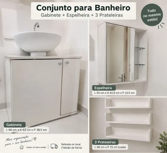 Conjunto para Banheiro - Gabinete + Espelheira + 3 Prateleiras