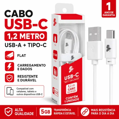 Cabo USB-A Macho Para USB-C Tipo C 5Gb 1,20m Branco Mobile Carregamento e Transferência de