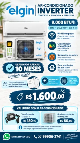 Ar-Condicionado Elgin Inverter 9.000 BTUs + Transformador + Caixa de Proteção